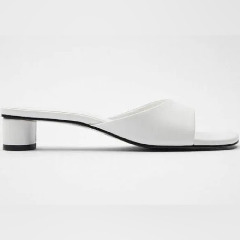 Zara White Square Toe Block Heel Sandals